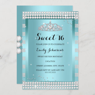 Invitation Sweet 16 Turquoise Blue Sparkle Tiara fête d'anniv