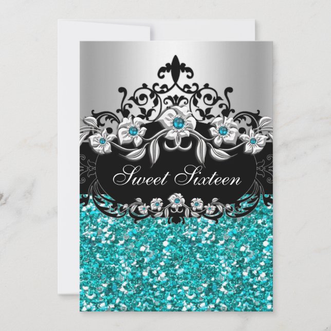 Invitation Sweet 16 Turquoise Floral Parties scintillant Part (Devant)