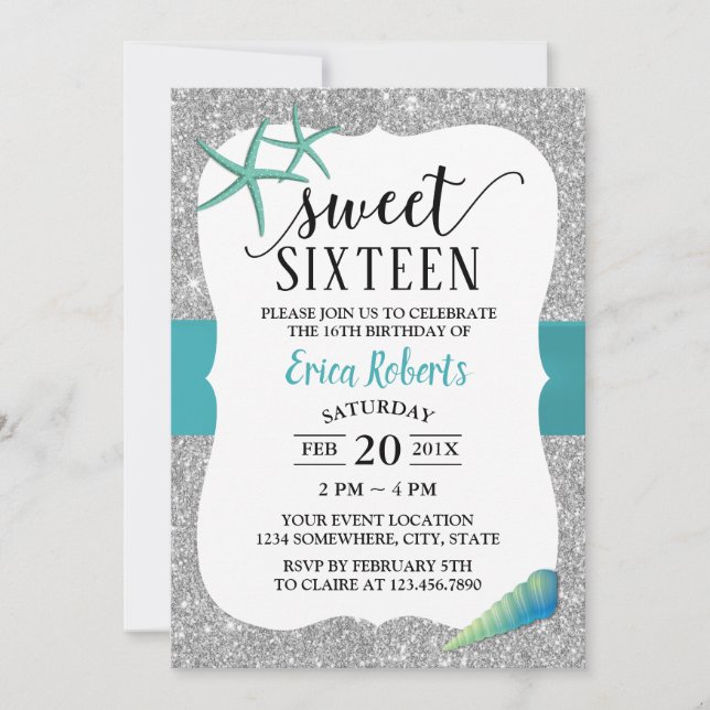 Invitation Sweet 16 Turquoise Plage Starfish Moderne Argent (Devant)