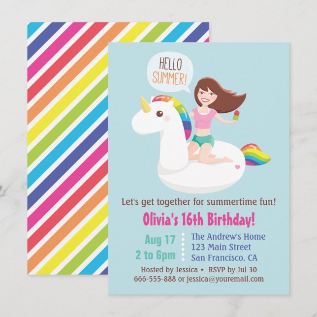 Invitation Sweet 16 Unicorn Pool Float été fête d'anniversair (Devant / Derrière)
