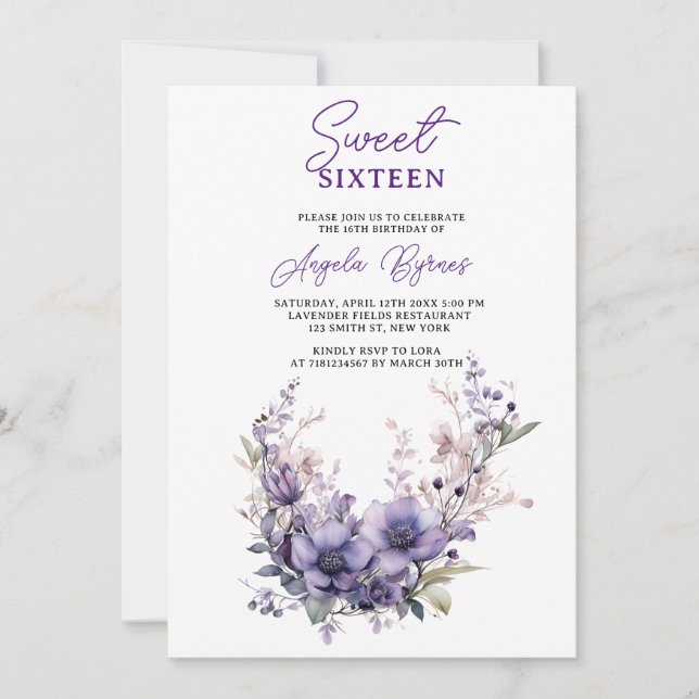 Invitation Sweet 16 Vintage Purple Floral Wreath Anniversaire (Devant)