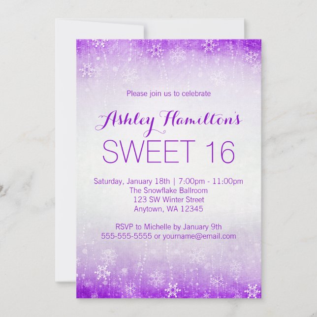 Invitation Sweet 16 Vintage Purple Winter Wonderland (Devant)