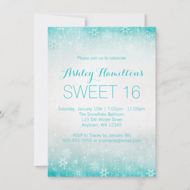 Invitation Sweet 16 Vintage Turquoise Winter Wonderland (Devant)