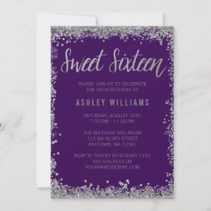 Invitation Sweet 16 Violet Argent Faux Parties scintillant An