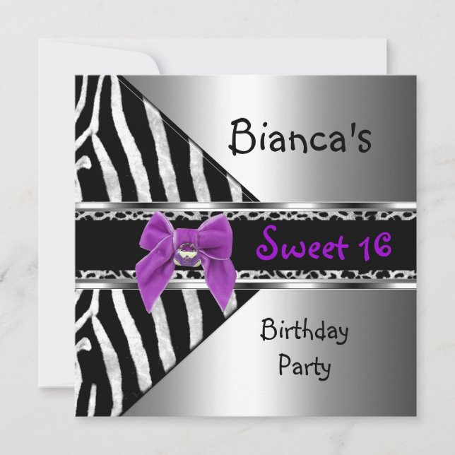 Invitation Sweet 16 Violet Argent Noir Zèbre Léopard (Devant)