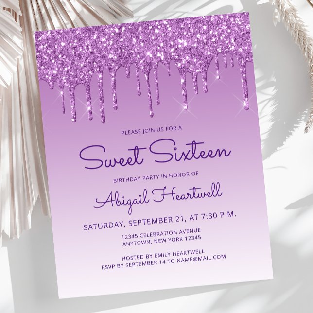 Invitation Sweet 16 Violet Budget Glitter Drip (Créateur téléchargé)