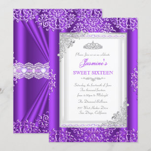 Invitation Sweet 16 Violet Dentelle argentée Damas Tiara