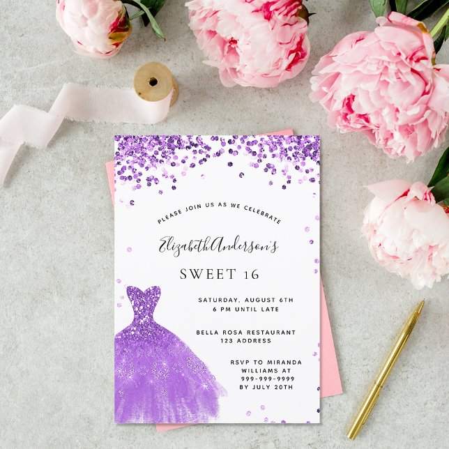 Invitation Sweet 16 violet robe blanche parties scintillant l (Créateur téléchargé)