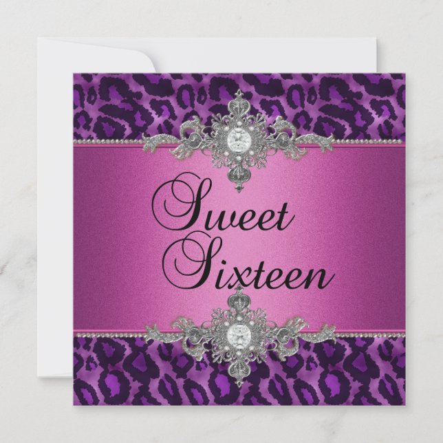 Invitation Sweet 16 Violet Rose Argent Blanc Noir Diamant (Devant)