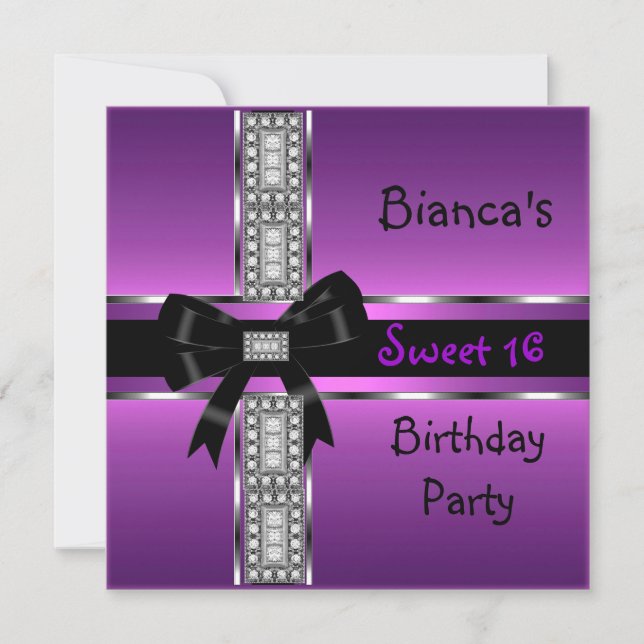 Invitation Sweet 16 Violet Rose Argent Noir Diamants (Devant)