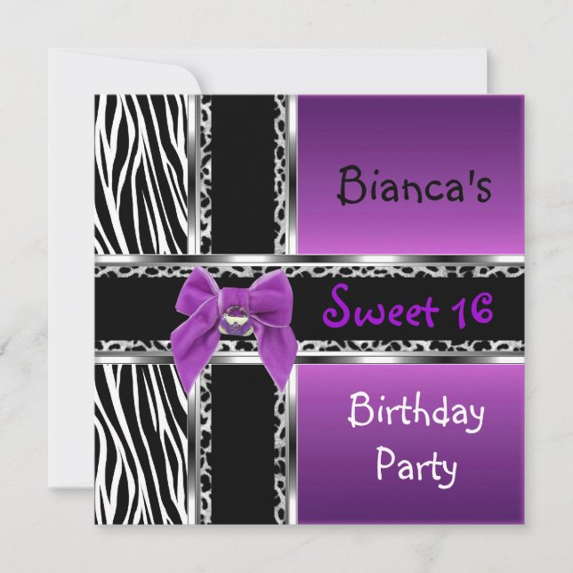 Invitation Sweet 16 Violet Rose Argent Noir Zèbre Léopard (Devant)