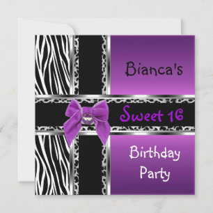 Invitation Sweet 16 Violet Rose Argent Noir Zèbre Léopard