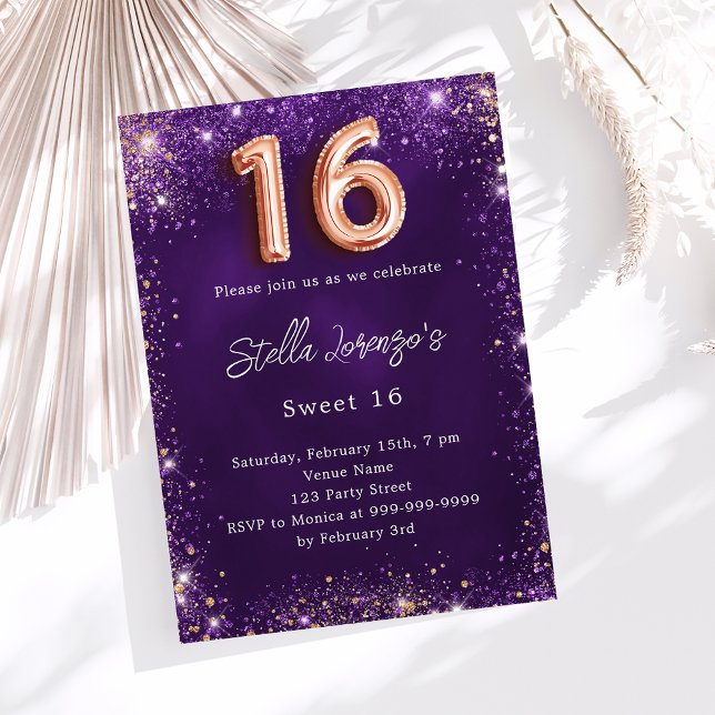 Invitation Sweet 16 violet rose or luxe (Créateur téléchargé)