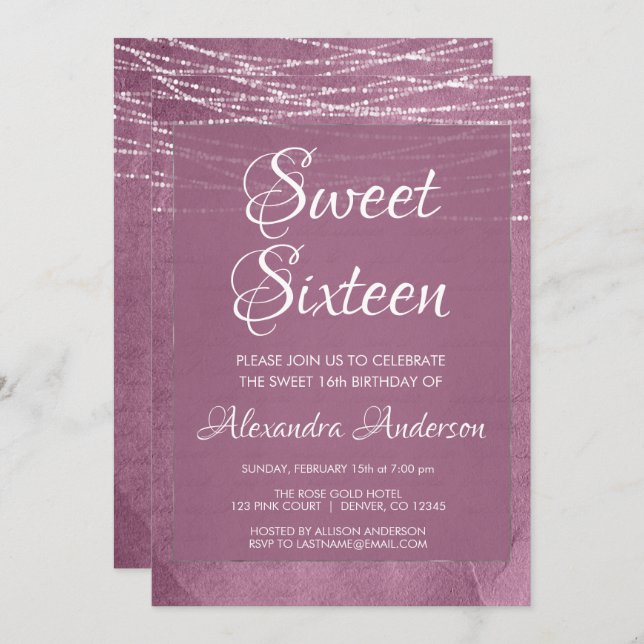 Invitation Sweet 16 Violet String lumières Anniversaire (Devant / Derrière)