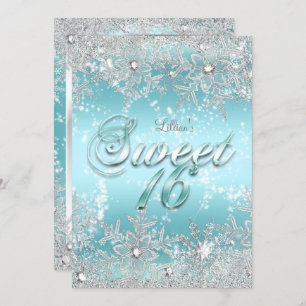 Invitation Sweet 16 Winter Wonderland Blue Turquoise Snowflak