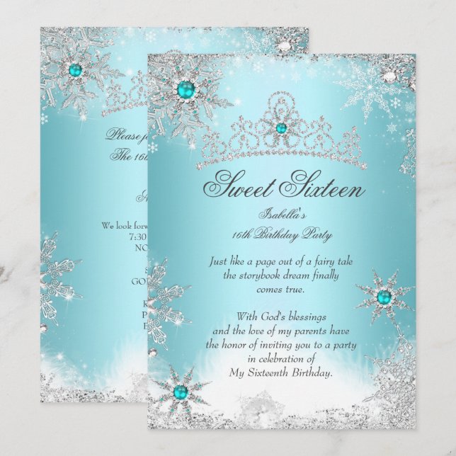 Invitation Sweet 16 Winter Wonderland Silver Blue (Devant / Derrière)