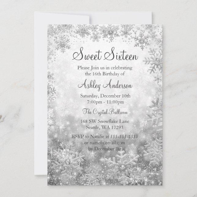 Invitation Sweet 16 Winter Wonderland Silver Snowflakes (Devant)