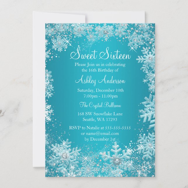 Invitation Sweet 16 Winter Wonderland Sparkle Snowflakes (Devant)