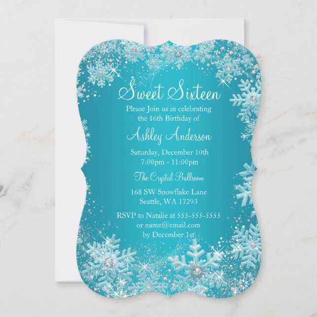 Invitation Sweet 16 Winter Wonderland Sparkle Snowflakes (Devant)