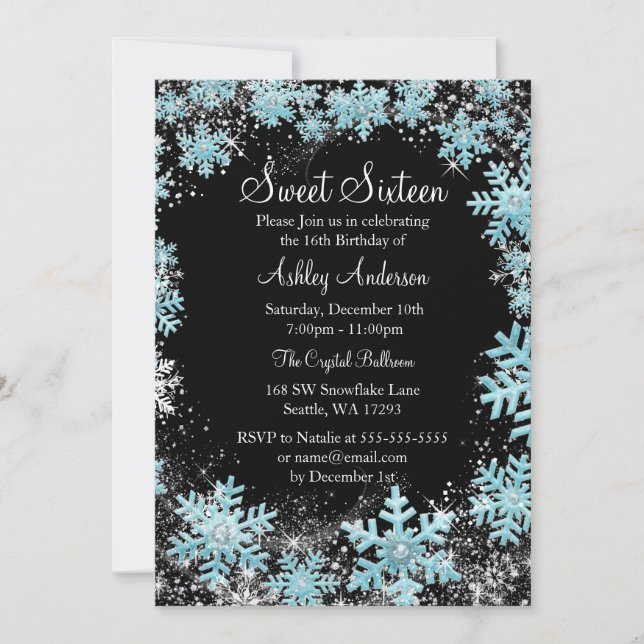 Invitation Sweet 16 Winter Wonderland Sparkle Snowflakes (Devant)