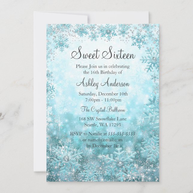 Invitation Sweet 16 Winter Wonderland Sparkle Snowflakes (Devant)