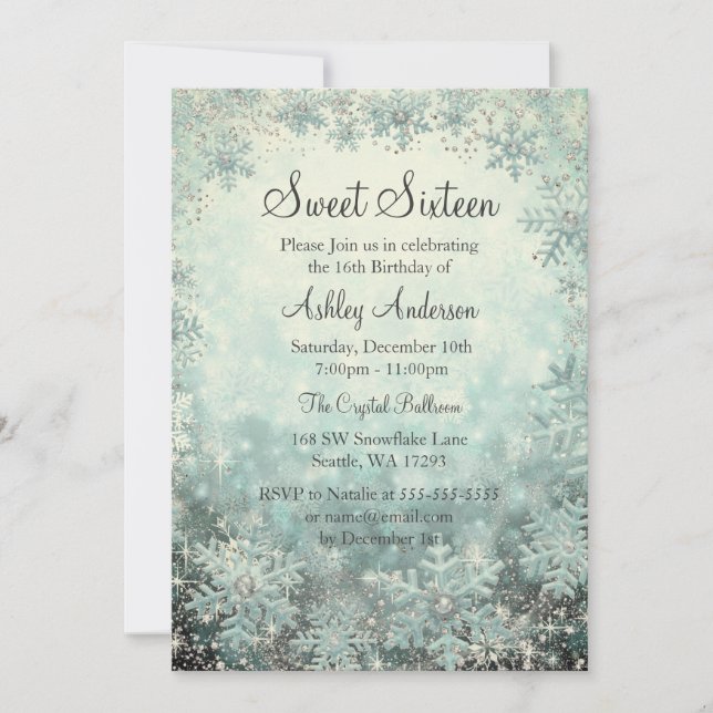 Invitation Sweet 16 Winter Wonderland Turquoises Snowflakes (Devant)
