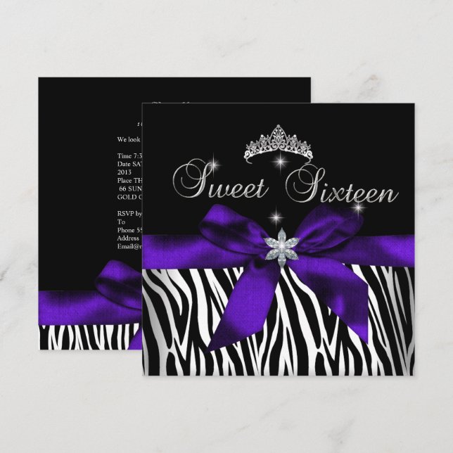 Invitation Sweet 16 Zèbre Violet Diamants Noirs image (Devant / Derrière)