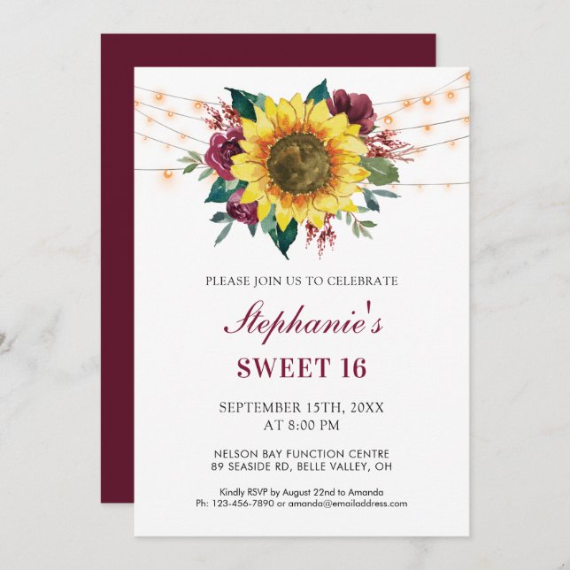 Invitation Sweet 16e anniversaire Floral Sunflower Lights Par (Devant / Derrière)