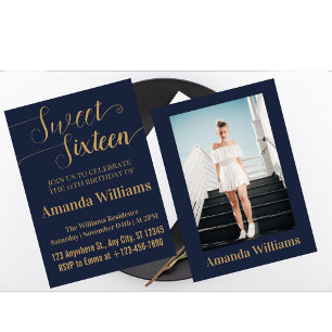 Invitation Sweet 16e anniversaire Photo Blue and Gold Luxury