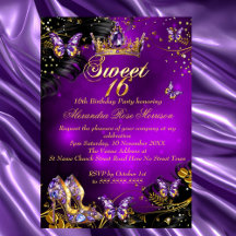 Sweet 16e anniversaire violet or noir papillon noi