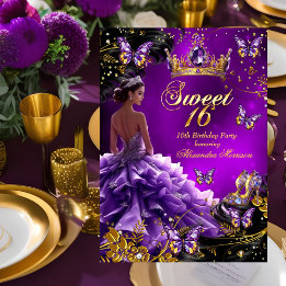 Invitation Sweet 16e anniversaire violet Robe d'or papillon