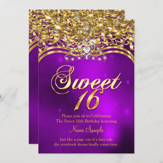 Invitation Sweet 16e fête d'anniversaire Purple Parties scint (Devant / Derrière)