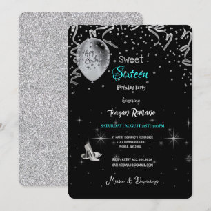 Invitation Sweet 16e fête d'anniversaire thème noir & turquoi