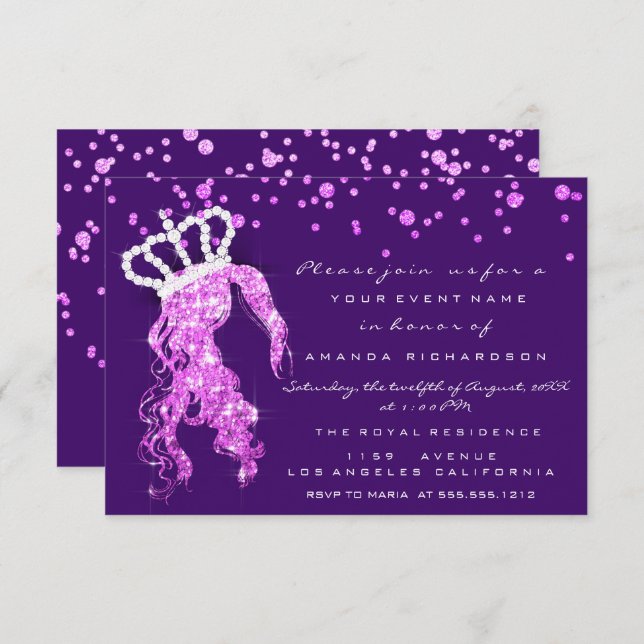 Invitation Sweet 16ème Couronne Princesse Confetti Purple Pin (Devant / Derrière)