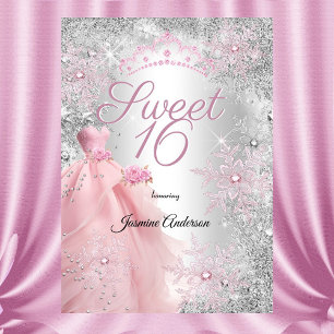 Invitation Sweet 16th Birthday Pink Silver Winter Wonderland