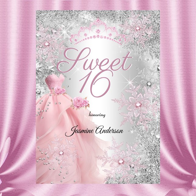 Invitation Sweet 16th Birthday Pink Silver Winter Wonderland (Créateur téléchargé)