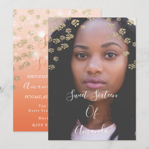 Invitation Sweet 16th Coral Flowers Gold Ombre Photo Ombre