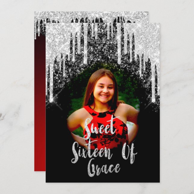 Invitation Sweet 16th Elisabeth Red Grey Silver Drips Photo (Devant / Derrière)
