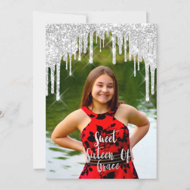 Invitation Sweet 16th Elisabeth Red Grey Silver Drips Photo (Devant)