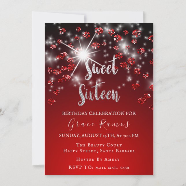 Invitation Sweet 16th Elisabeth Red Grey Silver Drips Photo (Dos)