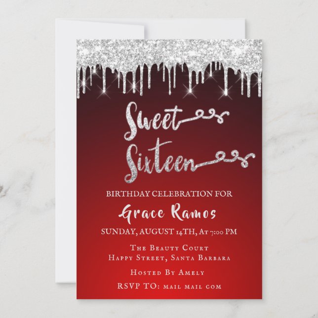 Invitation Sweet 16th Elisabeth Red Grey Silver Drips Photo (Dos)