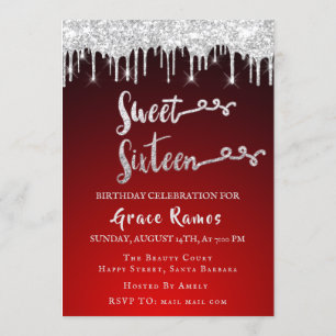 Invitation Sweet 16th Elisabeth Red Grey Silver Drips Photo