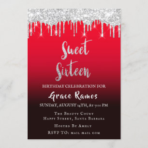 Invitation Sweet 16th Elisabeth Red Grey Silver Drips Photo