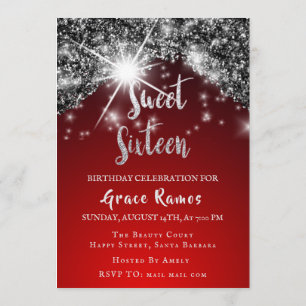 Invitation Sweet 16th Elisabeth Red Grey Silver Drips Photo