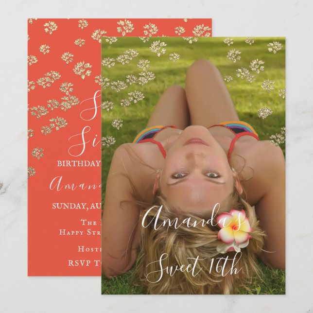 Invitation Sweet 16th Flower Coral Gold Photo Confetti Spark (Devant / Derrière)