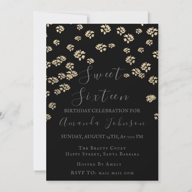 Invitation Sweet 16th Flower Gold Black Photo Confeti Spark (Dos)