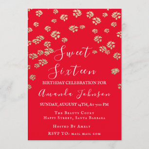 Invitation Sweet 16th Flower Red Gold Photo Confetti Spark
