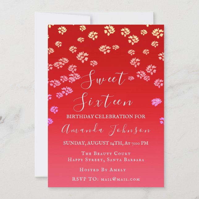 Invitation Sweet 16th Flower Royal Ombre Red Photo (Dos)