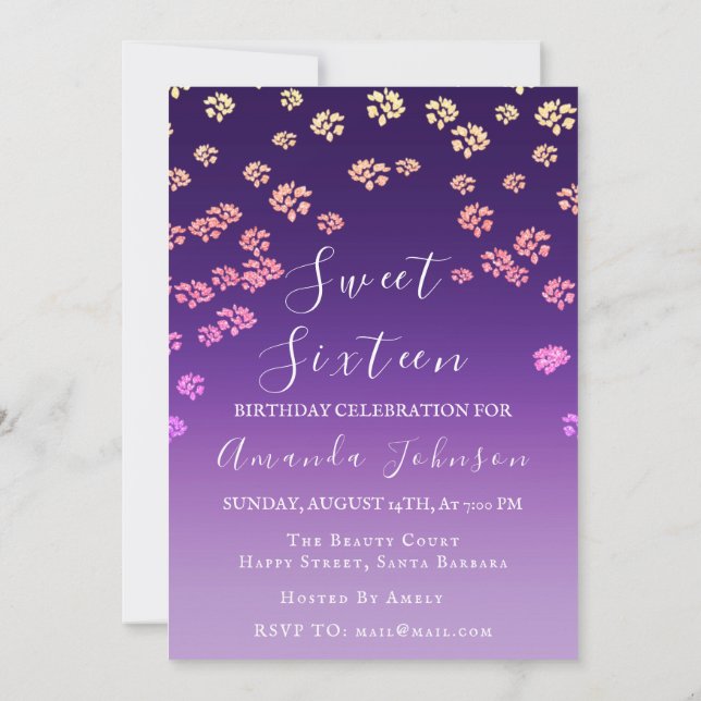 Invitation Sweet 16th Flower Royal Ombre violet photo (Dos)