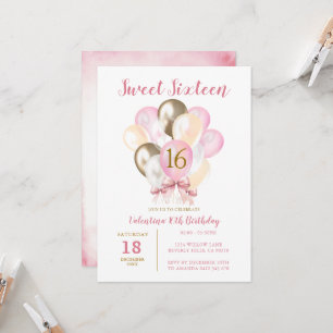 Invitation Sweet 16th Girl Birthday Pink Bow Gold Balloon